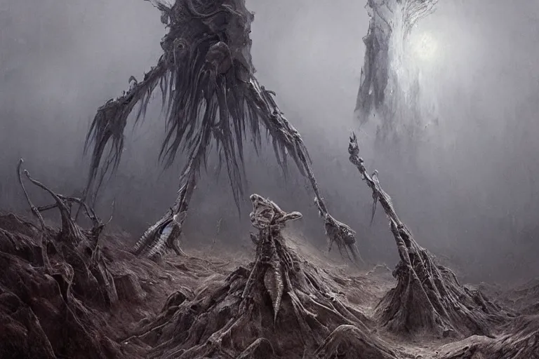 Prompt: amazing concept painting, by Jessica Rossier and HR giger and Beksinski, prophecy, hallucination, the middle of a valley; it was full of bones, bones that were very dry, there was a noise, a rattling sound, and the bones came together, bone to bone , I looked, and tendons and flesh appeared on them and skin covered them, but there was no breath in them and breath entered them, they came to life and stood up on their feet a vast army