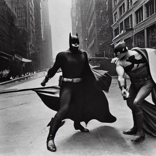 Image similar to old black and white photo, 1 9 2 5, depicting batman fighting a al capone in an ally of new york city, rule of thirds, historical record