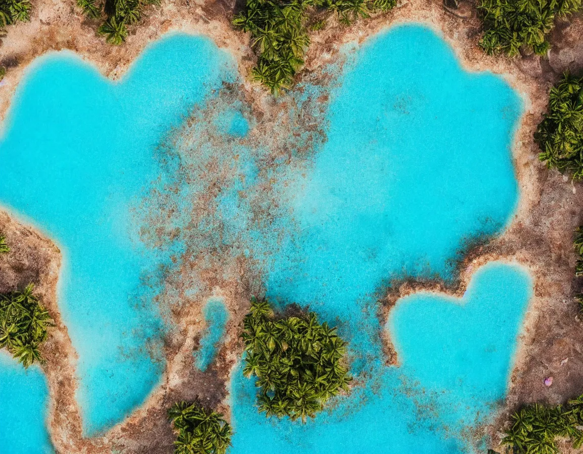 Image similar to closeup shot photo of ultra realistic blue lagoon with exotic palm tree heart / shaped sandy beach island, sunset lighting