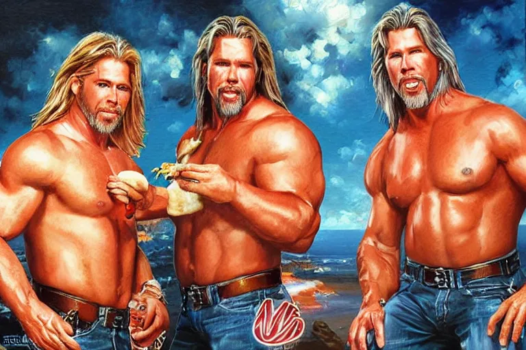 Image similar to portrait of wwf shawn michaels and wcw kevin nash sharing hotdogs, an oil painting by ross tran and thomas kincade