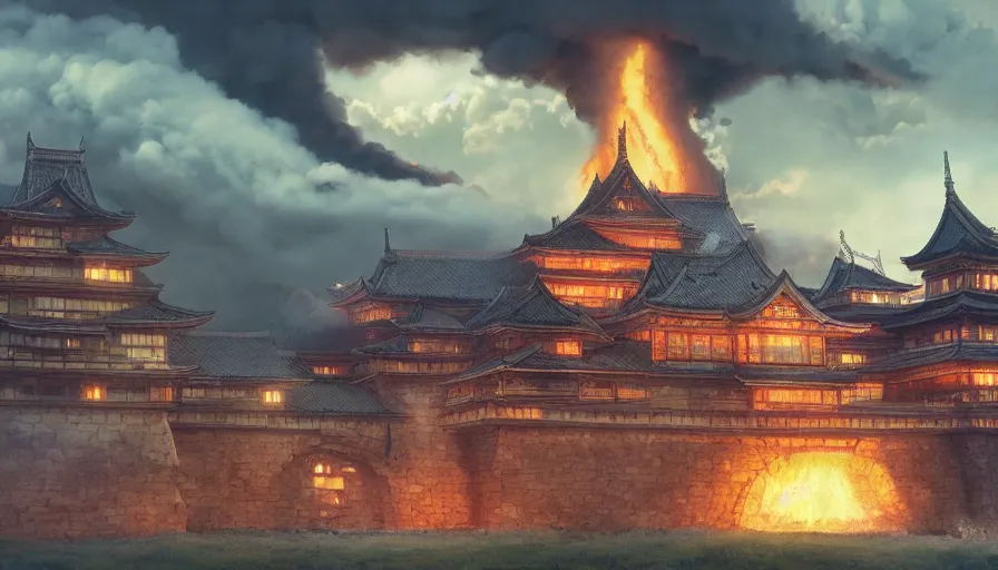 Image similar to A highly detailed matte painting of a huge japanese castle on fire, fire smoke and explosions, by Studio Ghibli, Makoto Shinkai, by Artgerm, by beeple, volumetric lighting, octane render, 4K resolution, trending on artstation, masterpiece