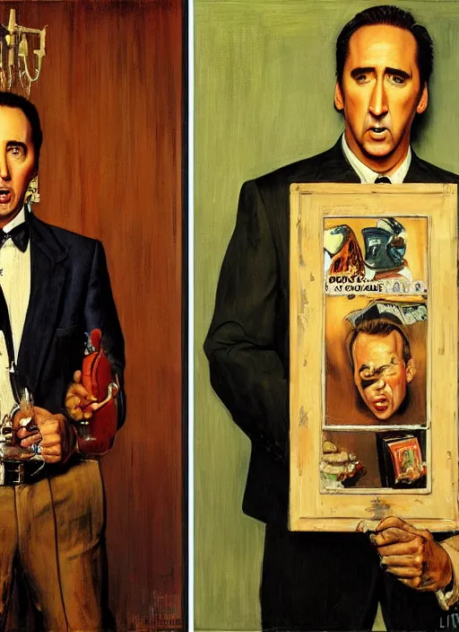 Image similar to full body and head portrait of nicholas cage looking confused about crazy evil in a restaurant, painted by norman rockwell and tom lovell and frank schoonover