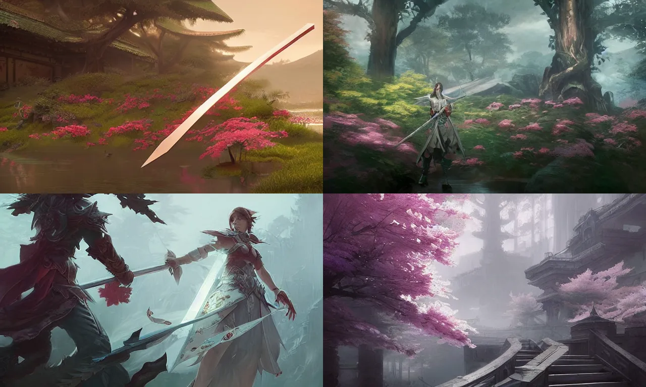 Prompt: Sakura Sword, by Ruan Jia and Andreas Rocha, Unreal Engine