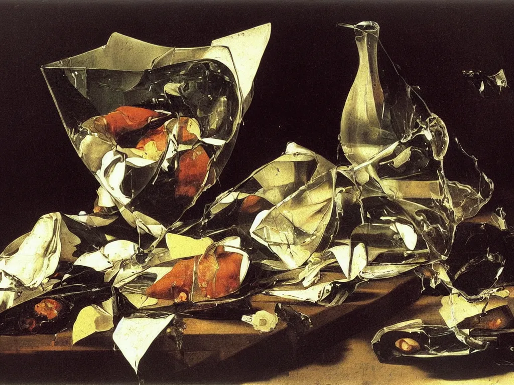 Image similar to by Michelangelo Merisi da Caravaggio Still Life with broken shattered wine bottles