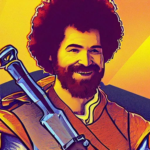 Image similar to an ultra detailed vector image of bob ross dressed as solaire of astora, concept art by alphonse mucha and greg rutkowski, bright red desert sands, bright yellow and red sun, octane render, praise the sun