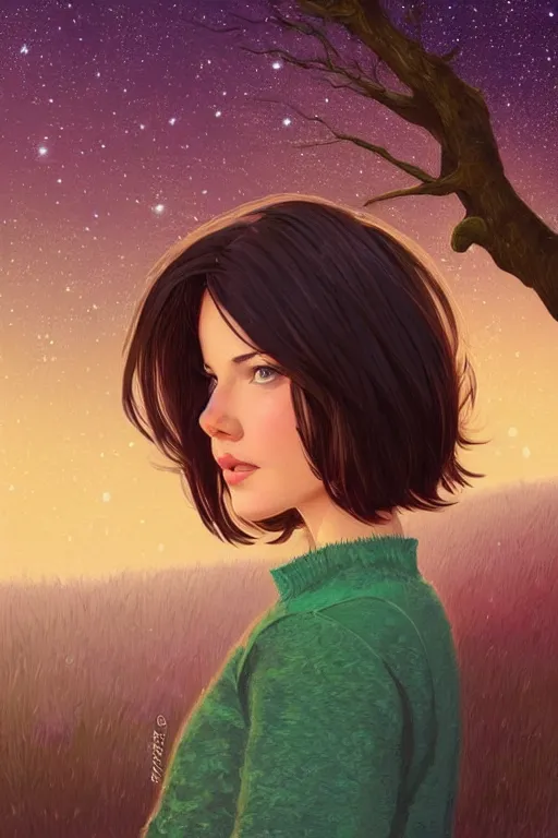 Prompt: pretty girl with short brown hair and green eyes, beautiful trees and night sky with stars and galaxies, ornate detailed background, trending on artstation, by ilya kuvshinov, thomas kinkade