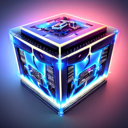Prompt: ultra detailed photorealistic the c 4 d render huge square blind box with high - tech bling covered with spaceship parts, cinematic light, sci fi, glossy, cybernetic machines, colorful, wires, robotics, futuristic decor, trending on artstation, global illumination, ultra realistic illustration, matte painting, high detailed, unreal engine, octane render, by sparth