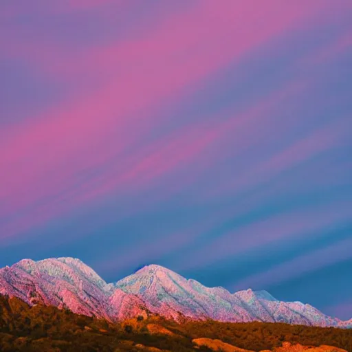 Image similar to blue watercolor mountains with a pink and blue rising sun cloudy sky, soft colors