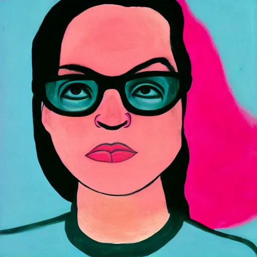 Prompt: Portrait of latina girl, with glasses, red hair with pink, piercing on nose, by David Lynch