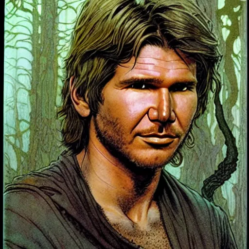 Image similar to a realistic, very beautiful and atmospheric portrait of young harrison ford as a druidic warrior wizard looking at the camera with an intelligent gaze by rebecca guay, michael kaluta, charles vess and jean moebius giraud