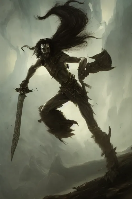 Prompt: fantasy painting of a long-haired pale man with a black blade, painted by Bayard Wu, ultra detailed, 8k
