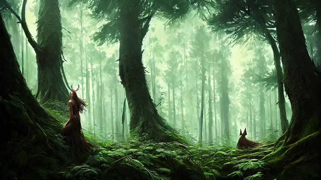 Image similar to a queen of the forest, lost in the forest, detailed digital art by greg rutkowski.