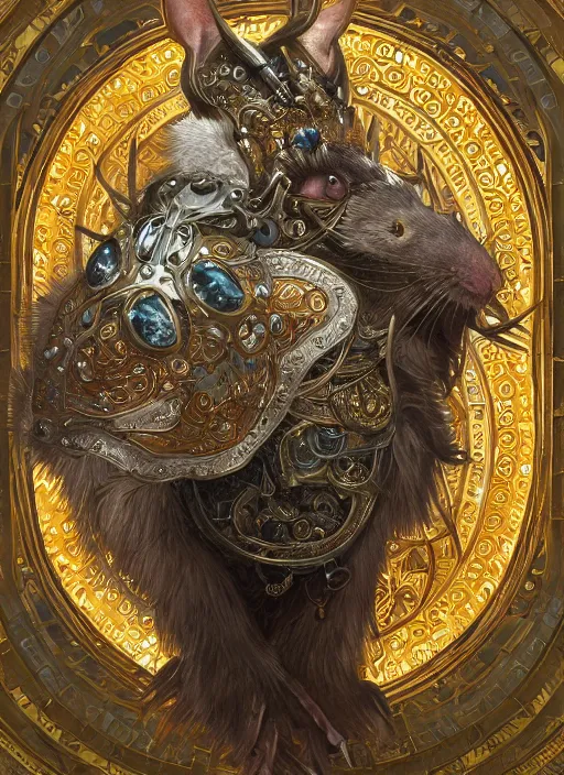 Image similar to symmetry!! portrait of a pet rat wearing detailed ornate armor, intricate, elegant, highly detailed, my rendition, digital painting, behance, concept art, smooth, sharp focus, illustration, art by artgerm and greg rutkowski and alphonse mucha and huang guangjian and gil elvgren and sachin teng