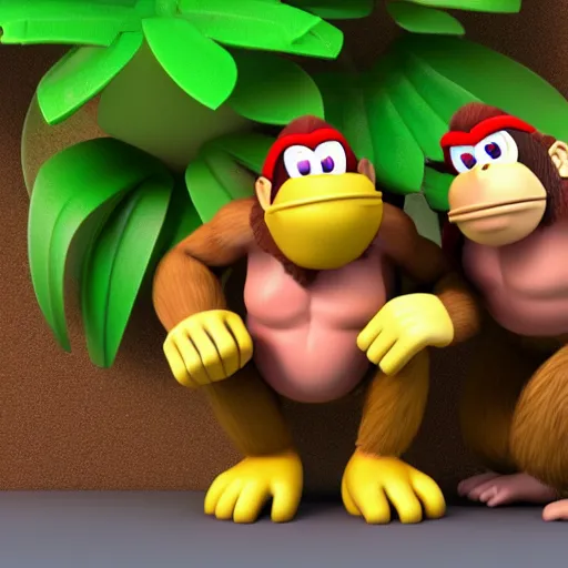 Image similar to Donkey Kong and Diddy Kong surrounded by tropical trees and barrels, 3D render, detailed clay model