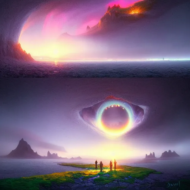 Image similar to the human eye iris, a portal to a fantasy aerial iceland landscape is seen inside the human eye!!!!!, volumetric lighting, colorful, sharp and focus, ultra detailed, beautifully lit landscape, astrophotography, in the art style of dan mumford, ivan aivazovsky and marc simonetti