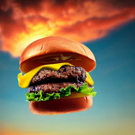 Prompt: a cheeseburger with wings, flapping its wings flying in sunset sky, oil on canvas, portrait, intricate, 8k highly professionally detailed, HDR, CGsociety