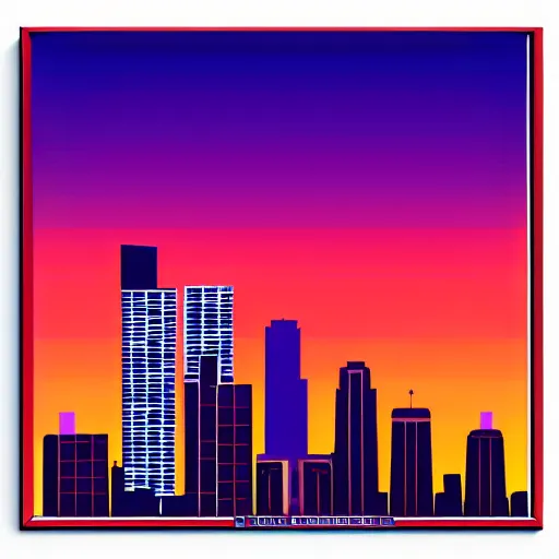 Prompt: a north american city at sunset, 1 9 9 0 s, wideshot, skyline, bright sky with orange / purple undertones, in the style of hiroshi nagai