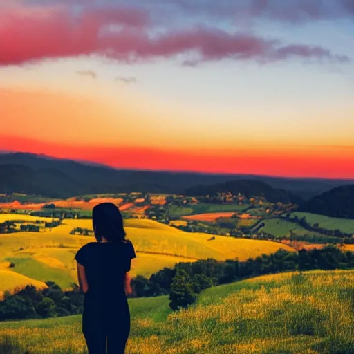 Image similar to woman in silhouette standing atop a hillside, yellow sky, green hills, trees, hinterland, artistic, intense, spooky