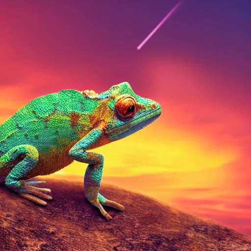 Prompt: golden chameleon hanging on a cliff by its tail, trying to catch rain drops, epic sunset skies in the background, very detailed digital art