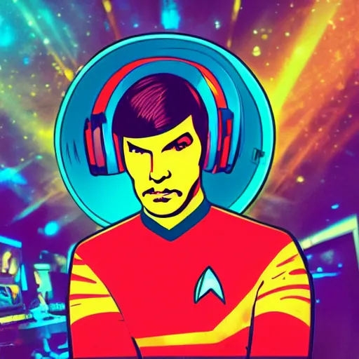 Image similar to svg sticker of a Pop-Wonder Captain-Spock-Star-Trek at a rave, spinning records, giant headphones rocking out, wearing headphones, huge speakers, dancing, rave, DJ, spinning records, digital art, amazing composition, rule-of-thirds, award-winning, trending on artstation, featured on deviantart