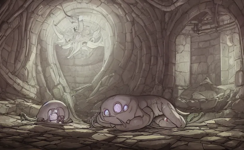 Image similar to a cthulu monster sleeping in a ancient stone room, crystal lights, resident evil, sci - fi atmosphere, cel - shading, cinematic, artstation, studio ghibli, miyazaki, highly details