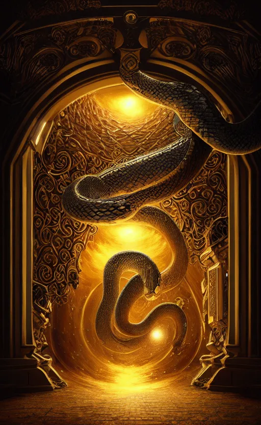 Prompt: a ornamental gate into space a snake emerges from it, ornament, intarsia, portal, doorway, dynamic lighting, ambient lighting, atmospherical, photorealistic fantasy concept art, trending on art station, stunning visuals, creative, cinematic, ultra detailed