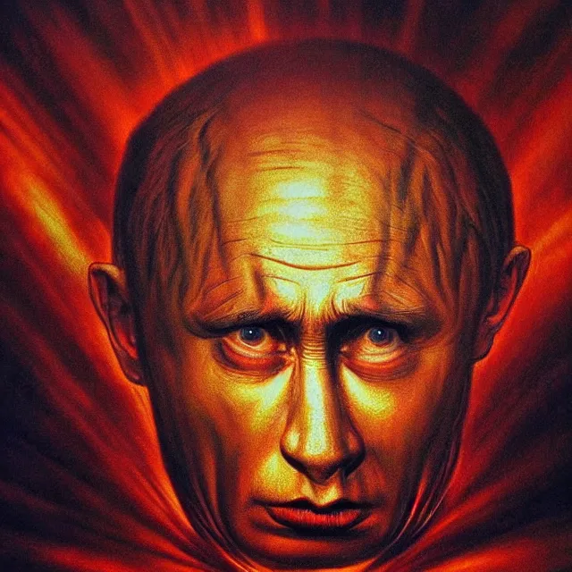 Prompt: shocked face of putin dwarf with tears in cage, hell, hyper - realistic, sharp focus, depth of field, hyper - detailed visionary art, symmetric, hell, holy halo, dramatic ambient lighting, high detail, vibrant colors, the thing 1 9 8 2, judgment day, apocalypse