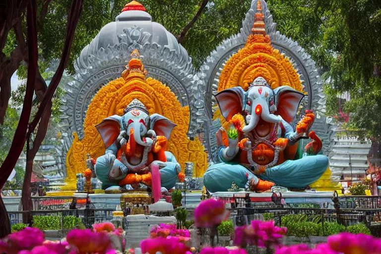 Image similar to beautiful futuristic new delhi, sharp sci - fi ganesha!! building, kalighat flowers, highly detailed cinematic, stephen shore & john j. park, soft morning light, wide shot, ground angle, uhd 8 k, shallow depth of field