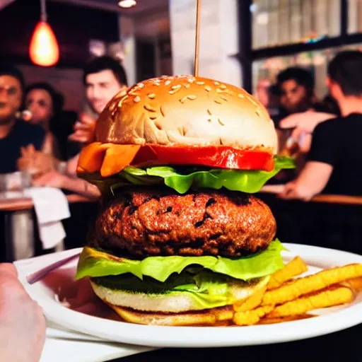 Prompt: tallest burger in the world surrounded by crowd of people in restaurant, flash photography