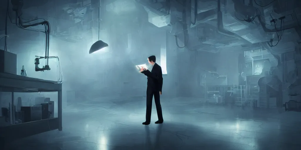 Prompt: scientist is holding a folder, he is in shock, dark building, the folder glows and lights up his face, professional lighting, 3 d digital modeling, movie scene, concept art, detailed art,