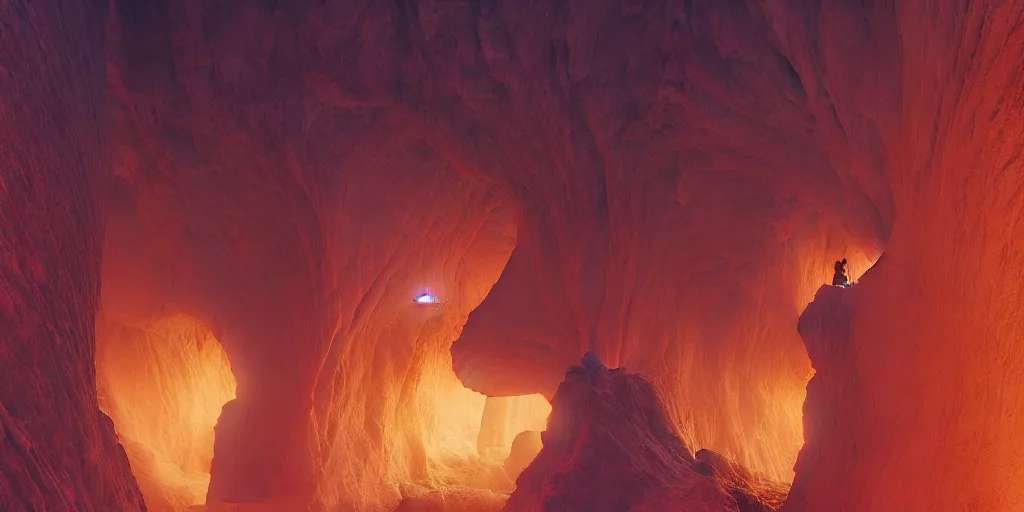 Image similar to a silhouette wanders in a martian canyon, by jean delville and sophie anderson and mandy jurgens and ralph mac quarrie, retrofuturism, immaculate scale, moody atmosphere, cinematic atmospheric, cinematic lighting, golden ratio, perfect composition, elegant, no crop, extremely detailed, 4 k, hd, sharp focus, masterpiece, trending on artstation