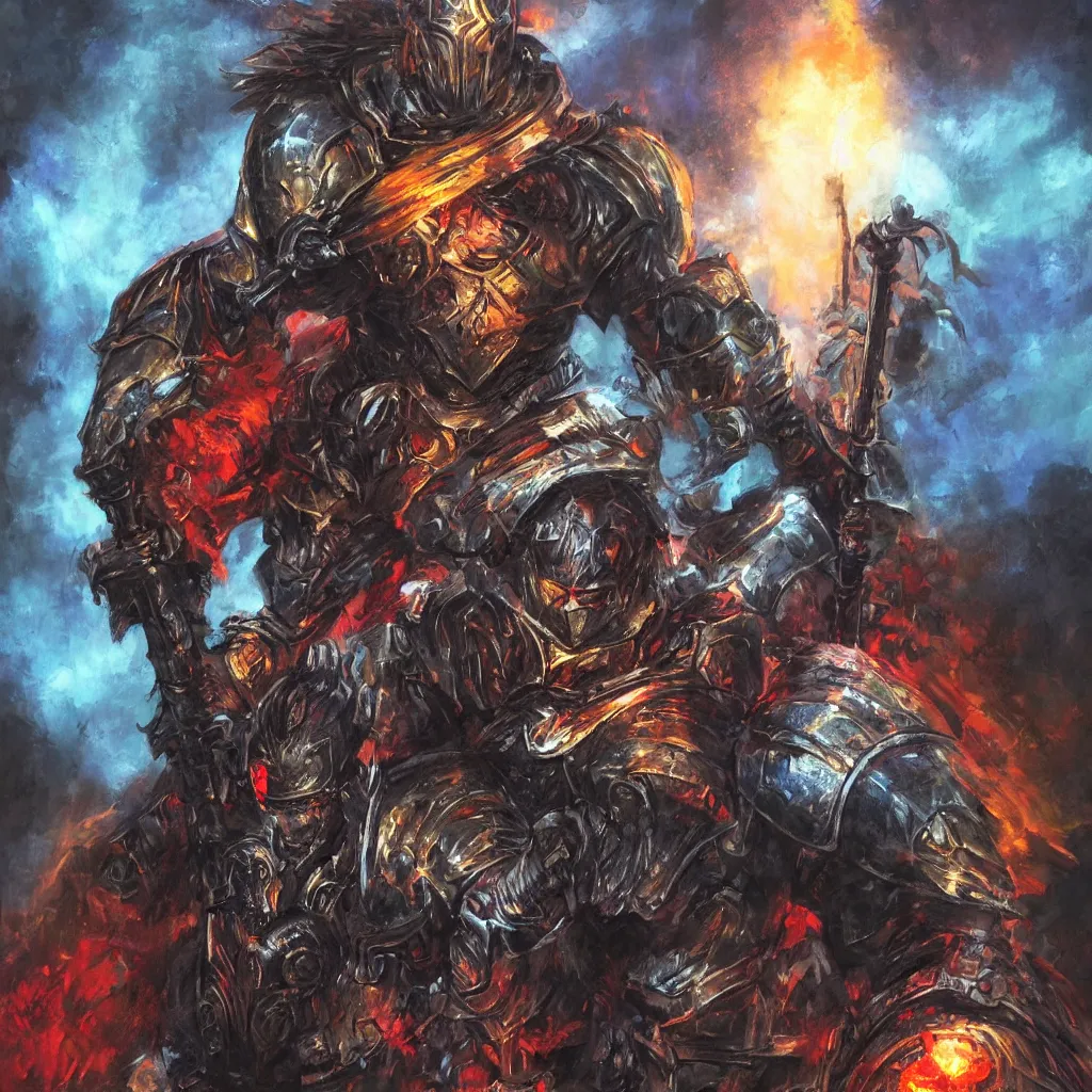 Prompt: a gritty fantasy knight in heavy armor holding a large staff setting, comic book art, fantasy, hyperrealistic, oil painting, art by jim lee, colorful, bright high tech lights, dark, moody, dramatic,