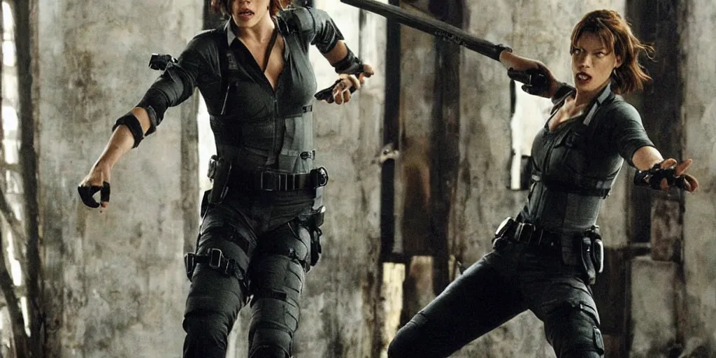 Image similar to mika jovovich in resident evil doing kung fu stunts