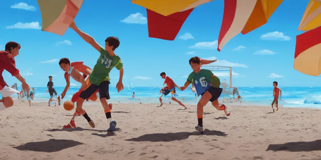 Image similar to a film still of a scene, where boys playing football, a sunny and colourful beach scene in santa monica, los angelos, the weather is very windy. narrow shot, low depth of field, wes anderson, studio ghibli, pixar and disney animation, sharp, rendered in unreal engine 5, anime key art by greg rutkowski, bloom, dramatic lighting