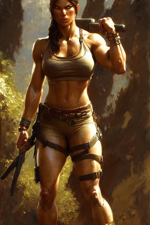 Image similar to muscular lara croft, highly detailed painting by gaston bussiere, craig mullins, j. c. leyendecker 8 k