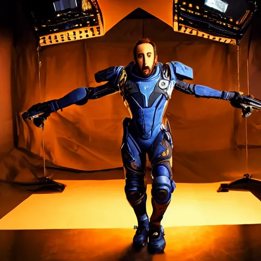 Image similar to Nicolas Cage wearing Powered Combat Suit in Starcraft, promo shoot, studio lighting