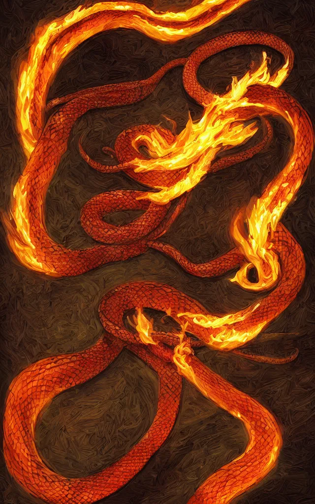 Image similar to a snake wrapped around a flaming sword, digital art.