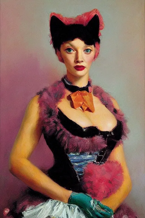 Image similar to beautiful portrait, amanda blake as miss kitty by Jean-Leon Gerome and Richard Schmid and chuck close