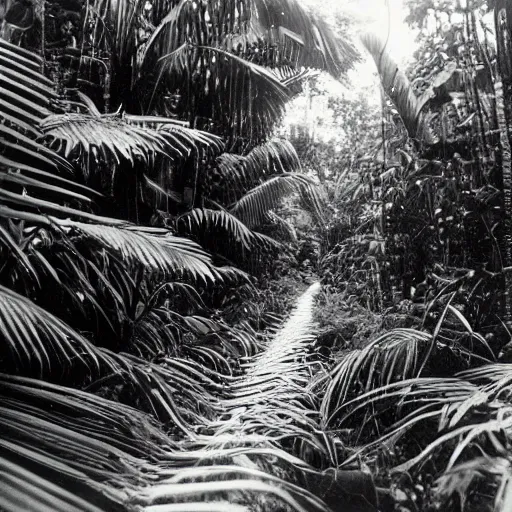 Image similar to a rizom lost film footage of a tube in the middle of the tropical jungle / tropicalism / tropicalism / tropicalism / film still / cinematic / enhanced / 1 9 2 0 s / black and white / grain