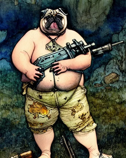 Image similar to a realistic and atmospheric watercolour fantasy character concept art portrait of a fat adorable dirty chibi pug wearing a wife beater and holding a rifle, by rebecca guay, michael kaluta, charles vess and jean moebius giraud