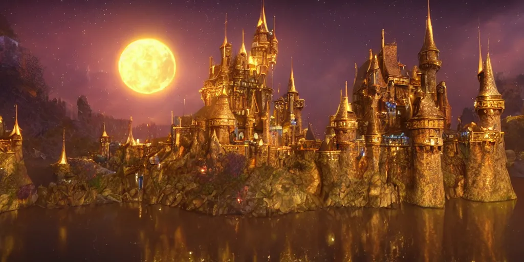 Image similar to a glittering fantasy castle at night, extremely detailed, Behrens style, unreal 5 render, fantasy digital art, octane render, beautiful composition, trending on artstation, award-winning photograph, masterpiece