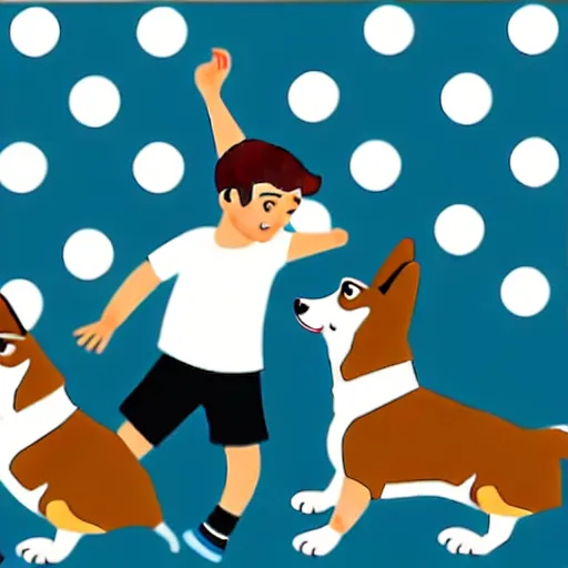 Prompt: illustration of french boy playing football with a corgi wearing a polka dot scarf in paris