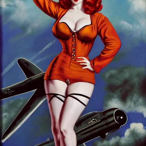 Image similar to Fully-clothed full-body portrait of Christina Hendricks as a pinup painting on world war II bomber