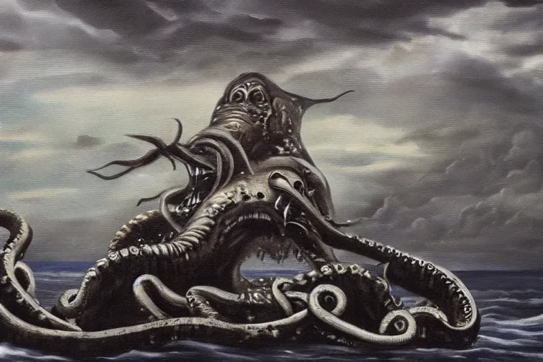 Prompt: a nightmarish oil painting of a kraken devouring the ancient home of the baby seals, dark ominous sky in the background, scary
