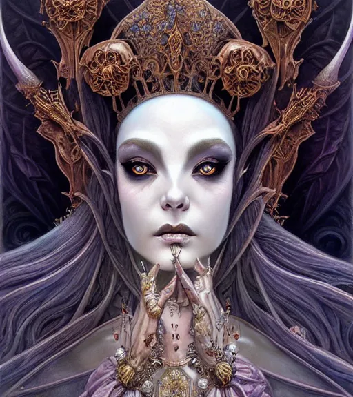 Image similar to symmetrical painting, a beautiful female witch queen in dress, pretty, detailed and intricate, perfect face, elegant, ornate, luxury, elite, matte painting, by artgrem, by james jean, by brian froud, by wayne barlowe