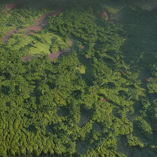 Image similar to large lush landscape, daylight, hyperdetailed, sharp, aerial view, artstation, 3 d render, ray tracing