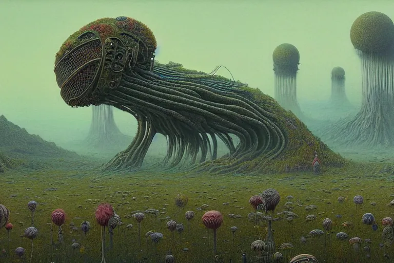 Image similar to a surreal and awe - inspiring science fiction landscape, alien plants and animals, intricate, elegant, highly detailed matte painting by beksinski and simon stalenhag