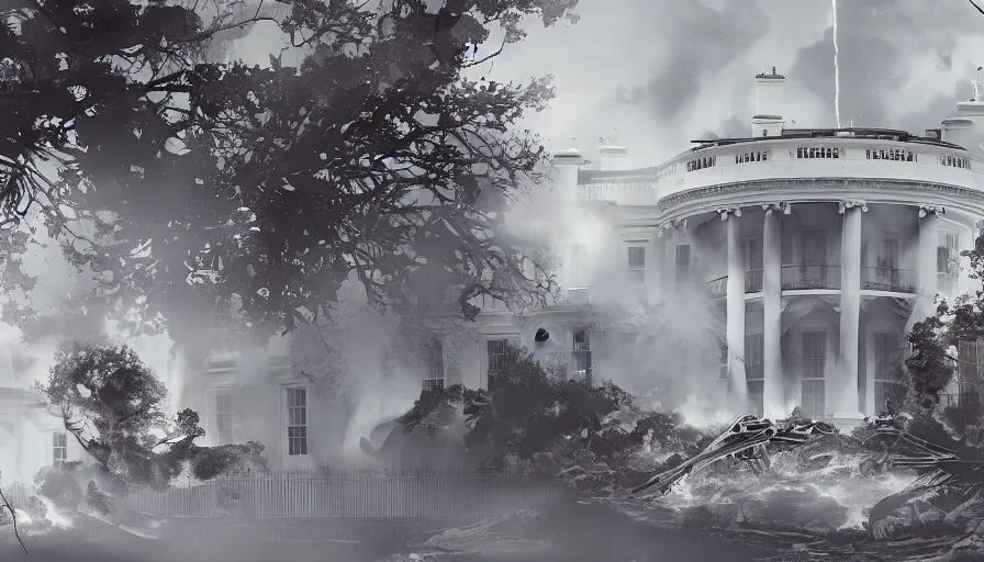 Prompt: destroyed white house on fire with smoke columns, hyperdetailed, artstation, cgsociety, 8 k