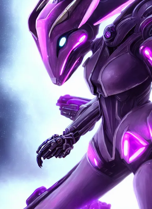 Image similar to cinematic goddess close shot, beautiful stunning anthropomorphic robot mecha female dragon, sleek head, metal ears, led purple eyes, smooth fuschia skin, smooth silver armor, floating in space, holding a galaxy, epic proportions, epic size, epic detail, furry art, dragon art, giantess art, warframe fanart, furaffinity, octane