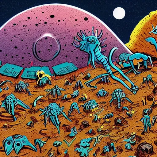 Prompt: extraterrestrial tribe village on ancient post - apocalyptic planet, jim henson creature shop, fantastic planet, robert crumb, graphic, depth of color and shadow, gooey, textured, vivid, cinematic, rough paper, illustration